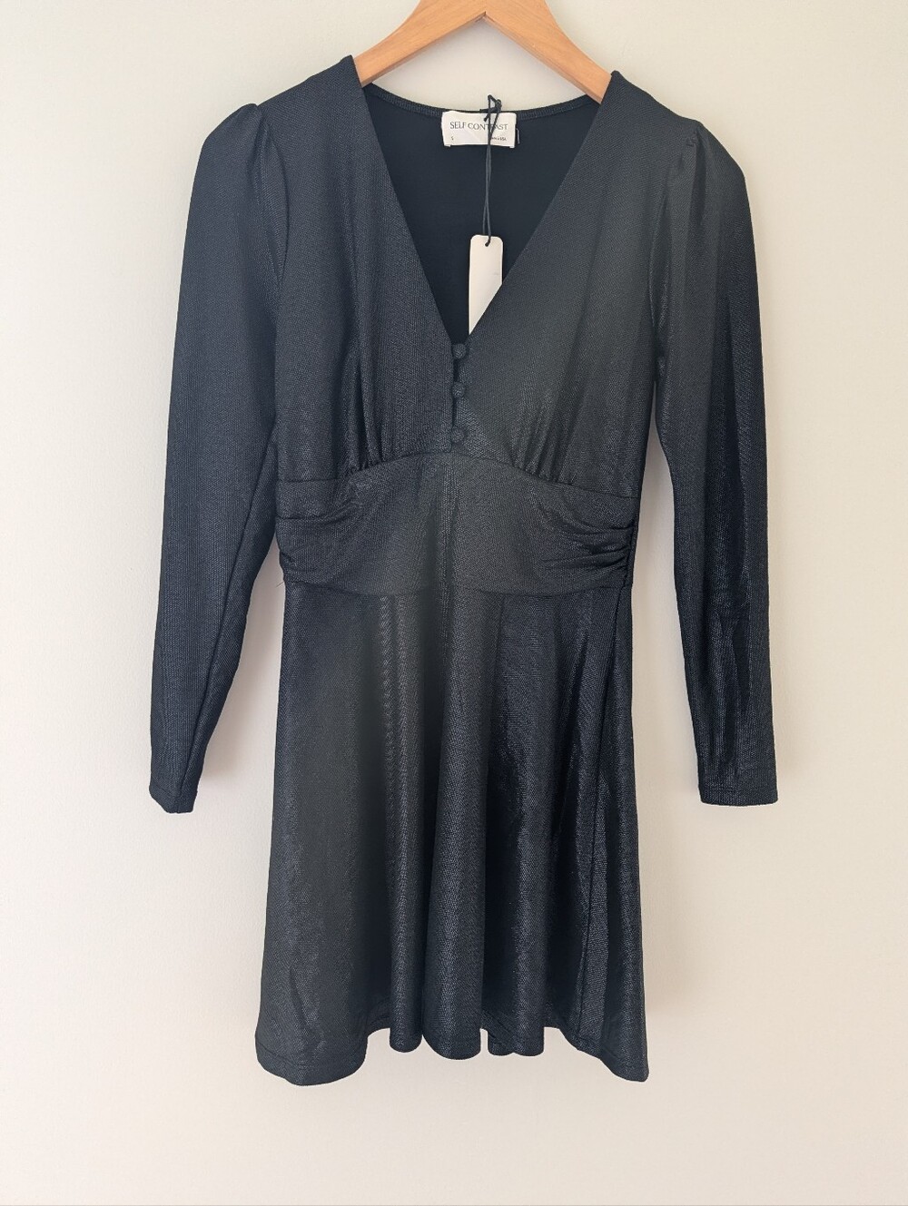 NWT Self Contrast Black Metallic Ruched V Neck Mini Dress S Anthropologie